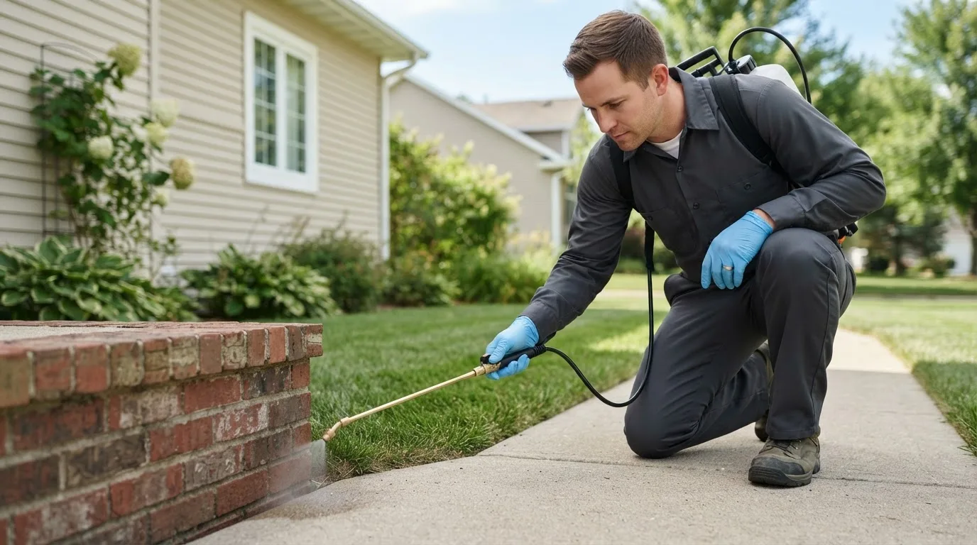Pest control technician treating a home near Fisher, AR
